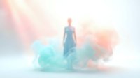 Woman in blue dress standing among swirling pastel smoke clouds in soft light, suitable for wellness, spirituality, and creative design projects.
