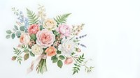 Watercolor wedding bouquet with pastel roses, peonies, lavender, and ferns on white background, isolated for cards and invitations.
