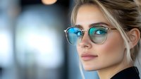 Young blonde woman wearing stylish eyeglasses with blue reflection, looking confidently ahead against blurred office background. Professional portrait for optical or business concepts.