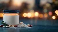White jar with natural supplements and ingredients against blurred bokeh lights background, surrounded by ginger root, berries and herbs on dark surface.