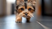Small terrier mix with tan and black coat walking on floor, front view with alert expression and direct gaze, suitable for pet care and animal content.