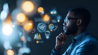 Young African American businessman contemplating digital analytics interface with glowing charts, graphs and icons against dark background with bokeh lights.