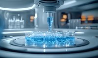 Laboratory liquid being dispensed into test tubes arranged in a circle on a metal platform in a modern research facility with blurred equipment in background, suitable for scientific research, pharmaceutical development, and medical testing concepts.