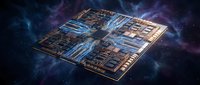 Advanced microprocessor chip with glowing circuits floating in cosmic space background for technology and computing concepts.