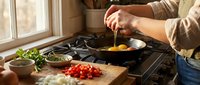 Person cooking healthy meal with fresh vegetables and herbs in modern kitchen, preparing nutritious food at home stove.
