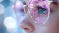Close up view of bright blue eye seen through round glasses with glitter and sparkles on lens against soft bokeh background in dreamy pink and blue tones.