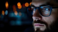 Close up portrait of bearded man in glasses illuminated by blue computer screen light at night with bokeh background, showing digital lifestyle.