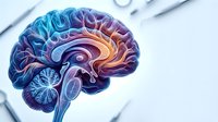 Colorful anatomical brain cross-section illustration showing neural pathways and structures in vibrant blue, purple and orange hues for medical education.
