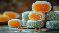 Colorful fruit jelly candies with orange and green flavors dusted in sugar, stacked on rustic wooden surface for confectionery and sweet treat concepts.