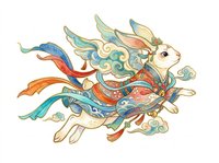 Celestial rabbit with wings and flowing colorful ribbons in traditional Asian art style, isolated on transparent background, for stickers, t-shirt design, print on demand.