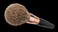 Fluffy powder makeup brush with rose gold ferrule and black handle, isolated on transparent background. Great for beauty clipart, T-shirt design, stickers, and print on demand.