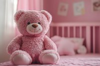 Pink teddy bear sitting on bed in nursery room with soft focus background, plush toy against pastel pink decor creates gentle atmosphere for children bedroom.