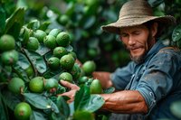 Caucasian male farmer in straw hat harvesting fresh organic limes from tree in citrus orchard. Close up of ripe green fruits on branch with water drops.