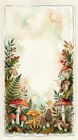 Watercolor autumn forest frame with mushrooms, ferns, berries and leaves on textured background for seasonal greeting cards and botanical designs.