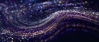 Abstract purple and gold glittering wave with sparkling bokeh lights creating flowing digital art background for luxury design projects.