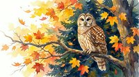 Barred owl perched on maple branch surrounded by vibrant autumn foliage in watercolor style for seasonal wildlife art and nature-themed designs.