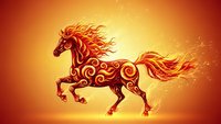Fiery red horse with ornate decorative patterns galloping against warm golden background with flowing mane and tail for spiritual and mystical designs.