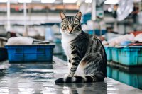 Tabby cat sitting at fish market stall with wet floor and blue containers in background, looking directly at camera with alert expression and striped coat.