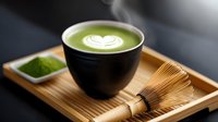 Matcha green tea latte with heart-shaped foam art in black ceramic cup on bamboo tray with traditional whisk and powdered matcha, zen drink concept.
