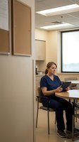 Female healthcare worker in navy scrubs using tablet computer in modern hospital break room during shift.