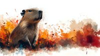 Capybara portrait against watercolor autumn background with splashes of orange and red, artistic wildlife illustration showing world largest rodent in natural setting.