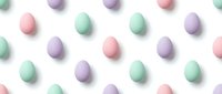 Pastel colored Easter eggs in pink, purple and mint green arranged in repeating pattern on white background for spring holiday decorations and seasonal designs.