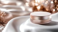 Luxurious rose gold cosmetic jar on white silk fabric with soft bokeh lights and glitter decorative elements creating elegant beauty product backdrop.
