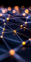 Glowing orange connection points linked by white lines on dark background create abstract network visualization representing digital connectivity and data flow.