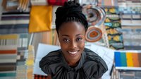 Young African American woman with bright smile and updo hairstyle in black blouse against colorful office background, expressing joy and confidence in professional setting.