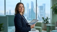 Professional businesswoman holding tablet in modern office with city skyline view, corporate executive working on digital technology for business success.