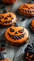 Halloween pumpkin cookies with spooky faces decorated with orange icing and chocolate details on rustic wooden background for seasonal baking and party treats.