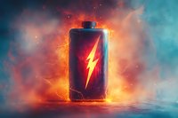 Battery with glowing lightning bolt symbol surrounded by fiery orange and cool blue energy effects, representing power, charging, and electrical energy for technology concepts.