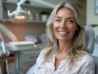 Professional female dentist with blonde hair and warm smile in modern dental office setting. Perfect for healthcare, dental services, and medical professional advertising.