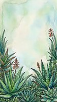 Watercolor succulent and aloe vera garden border with soft green background, copy space for text, great for cards, posters, and nature designs.
