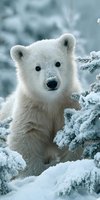 Adorable polar bear cub sitting among snow-covered evergreen branches in winter wonderland scene for wildlife and nature themed projects.