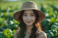 Young Asian woman wearing straw sun hat smiling in green garden setting with natural sunlight, long dark wavy hair and fresh glowing skin for lifestyle and beauty content.
