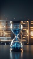 Digital hourglass with flowing binary code sand representing time management and data processing in modern technology business environment.