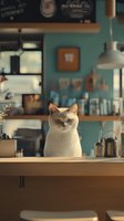 White cat sitting at cafe counter with serious expression against turquoise wall background. Cozy coffee shop interior with warm ambient lighting.