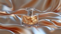 Elegant glass perfume bottle with golden fragrance on luxurious flowing silk fabric in warm beige tones. Sophisticated cosmetic product photography for beauty advertising.