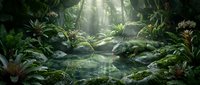 Lush tropical rainforest with sunbeams filtering through dense canopy, creating mystical atmosphere over moss-covered rocks and flowing stream for nature backgrounds.
