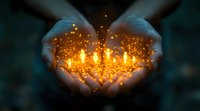 Glowing magical light and sparkles in cupped hands against dark background, creating heart-shaped illumination with floating golden particles and bokeh effect.