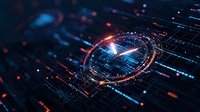 Futuristic digital technology concept with glowing circular interface and data streams in dark blue and orange colors showing advanced computing system.