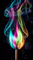 Vibrant multicolored flame with swirling smoke and sparkling particles on black background for creative design projects and digital art concepts.