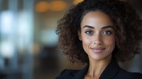 Young African American businesswoman with natural curly hair and warm smile wearing professional black blazer against blurred office background.
