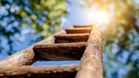 Weathered wooden ladder reaching skyward against blurred green foliage and bright sunlight, symbolizing growth, aspirations and spiritual journey.
