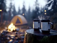 Steaming coffee mug on tree stump with glowing tent and campfire in misty forest background, creating cozy outdoor camping atmosphere at dusk.