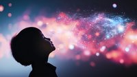 Young Asian woman silhouette against cosmic background with pink and blue nebula, glowing particles and stars, expressing wonder and dreams in night sky.