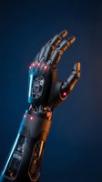 Futuristic robotic prosthetic hand with glowing red LED lights and carbon fiber details against dark blue background for technology concepts.