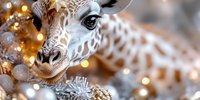 Close up portrait of giraffe with Christmas decorations and bokeh lights creating magical holiday atmosphere, soft focus nature photography with warm tones.