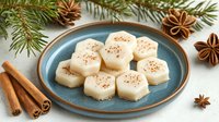 White chocolate snowflake truffles dusted with cinnamon on blue ceramic plate, decorated with pine branches, star anise and cinnamon sticks for winter holidays.